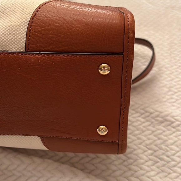 Michael Kors Hamilton Bag Large Blue Stripe Satchel Creme Leather Trim - Picture 4 of 13